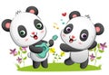 The couple of panda are playing the guitar and dancing with the music in the park