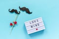 Couple paper mustache props and light box with text Love wins on blue background. Concept Homosexuality gay love. National Day