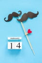 Couple paper mustache props fastened clothespin heart and calendar February 14 on blue background. Concept Homosexuality gay love Royalty Free Stock Photo