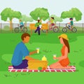 Couple in park, happy people at picnic, vector illustration. Man woman character family at nature outdoot, flat summer