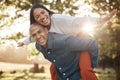 Couple, park and happy with piggy back, portrait and airplane game in nature, holiday and bonding in summer. Man, woman