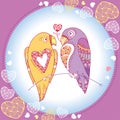Couple of parrots in love in the round frame with ornate hearts