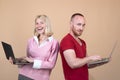 Couple partnership in business isolated in studio. Young man and happy woman business couple. Successful business team.