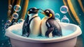 A couple of penguins in a bathtub with soap bubbles. Playful, happy animals, generative Ai