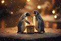 couple penguins and gift box, new year surprise