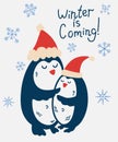 Couple of penguins hugging. Happy New Year or Christmas card. Perfect for greeting cards, invitations, flayers. Vector cartoon Royalty Free Stock Photo