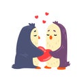 Couple of penguins in love holding red heart, two happy birds embracing each other vector Illustration on a white Royalty Free Stock Photo