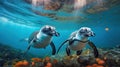 A couple of penguins swimming in the ocean with a lot of small fish around them. Generative AI