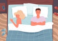 Couple people in bed, family man woman lying apart, angry wife and husband quarrel Royalty Free Stock Photo