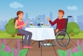 Couple people eat on terrace in summer, disabled man in wheelchair dining with girl