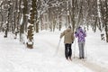 Couple of people enjoying cross-country skiing in city park or forest in winter. Family Sport outdoor activities in winter season Royalty Free Stock Photo