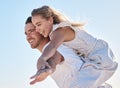 Couple, people and fun with flying game on a summer vacation with love, care and happiness. Nature, man and woman with a