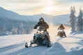 A couple of people joyfully ride on the back of a snowmobile, surrounded by pristine snowy scenery, winter active holiday