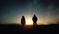 A couple of people man and woman stand at the sunset of the moon under the starry sky with bright stars and a milky way Royalty Free Stock Photo