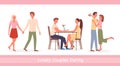 Couple people meet on date vector illustration. Cartoon happy loving pairs of men women characters sitting at table in Royalty Free Stock Photo