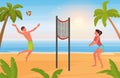 Couple people play beach volleyball, young man woman players playing with ball together Royalty Free Stock Photo