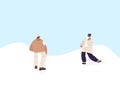 Couple people play snowballs fun game in winter snow landscape vector illustration. Cartoon friend characters playing Royalty Free Stock Photo