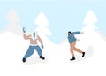 Couple people play snowballs fun game in winter snow landscape vector illustration. Cartoon friend characters playing Royalty Free Stock Photo