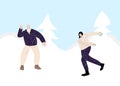 Couple people play snowballs fun game in winter snow landscape vector illustration. Cartoon friend characters playing Royalty Free Stock Photo