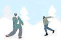 Couple people play snowballs fun game in winter snow landscape vector illustration. Cartoon friend characters playing outdoors, Royalty Free Stock Photo