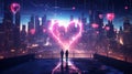 a couple of people standing on a rooftop looking at a heart shaped neon light Royalty Free Stock Photo