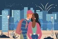 Couple people walk in night city, kissing and enjoying modern cityscape with fireworks