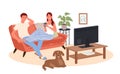 Couple people watch tv film, cinema movie on cozy home sofa together, lifestyle scene