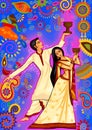 Couple performing Dhunuchi dance of Bengal for Durga Puja in Indian art style