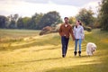 Couple With Pet Golden Retriever Dog Walking Along Path Across Field In Countryside Royalty Free Stock Photo