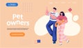 Couple pet owners holding ginger cat on hands landing page template. Happy people walking with pet