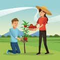 Couple picked tomato tree basket landscape