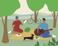 Couple picnic, relaxing in the park, flat vector stock illustration with lunch, playing guitar, reading book with dog Royalty Free Stock Photo