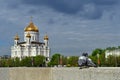 A couple of pigeons in front of the Cathedral of Christ the Savior. Moscow, Russia. Royalty Free Stock Photo