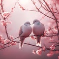 Couple of pigeons in love on a branch of pink cherry blossoms, beautiful winter morning wallpaper, generative ai