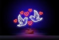 Couple of pigeons with pink heart neon sign. Love concept. Vector illustration in neon style for topics like wedding Royalty Free Stock Photo