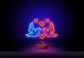 Couple of pigeons with pink heart neon sign. Love concept. Vector illustration in neon style for topics like wedding Royalty Free Stock Photo