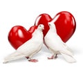 Couple pigeons and red hearts