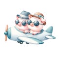 Couple piggy in airplane watercolor illustration.AI Generate