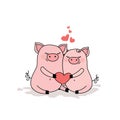 Couple of pigs in love,two cute animals with heart,isolated on w