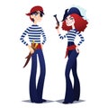 Couple of Pirates going for Costume party. Girl and boy in style of Sea Corsairs. Dangerous bandits with weapons. Vector Royalty Free Stock Photo