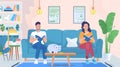 Couple plan their family budget, manage their finances and save money. Modern flat illustration of house interior with Royalty Free Stock Photo