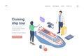 Couple planning cruising ship tour. Isometric vector illustration