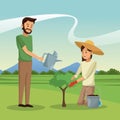 Couple planting and watering tree pot earth landscape Royalty Free Stock Photo