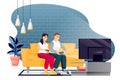 Couple play in video game. Man and woman with gamepads sit on sofa in loft room in front of TV. Vector illustration