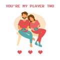 Couple playing consoles You are my player two card Flat vector illustration Royalty Free Stock Photo