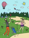 Couple playing Golf, Naive Art, Hand drawn illustration, Couple Goals, A man and a woman playing golf, Line Art