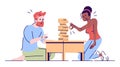 Couple playing jenga flat vector illustration. Family relax. Bearded man focused on tower construction. Girl pulling