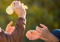 Couple plays with partly peeled orange fruit. Male hands in brown leather jacket hold citrus and woman ready to catch it