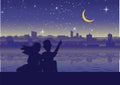 Couple point to moon at city near riverside,silhouette style