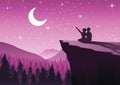 couple pointing to the moon in a night with stars sitting on cliff and close to a pine forest,silhouette style